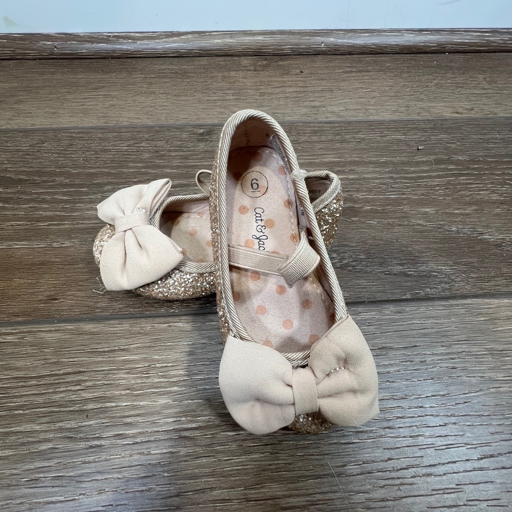 Cat & Jack Toddler Girls Gold Sparkle Bow Dress Shoes Size 6